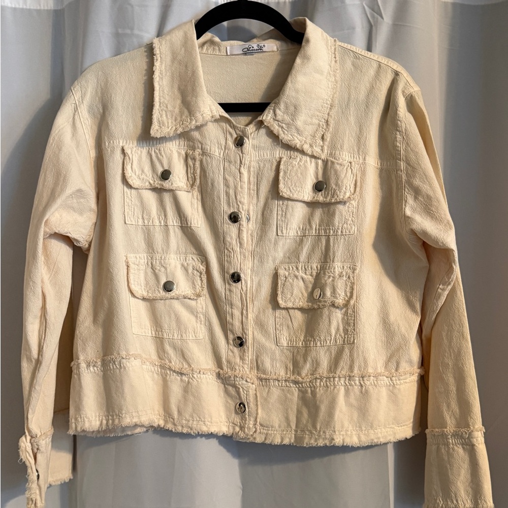 Giocam Cream Frayed Utility Jacket 100% Cotton Peru Cropped - Picture 2 of 14